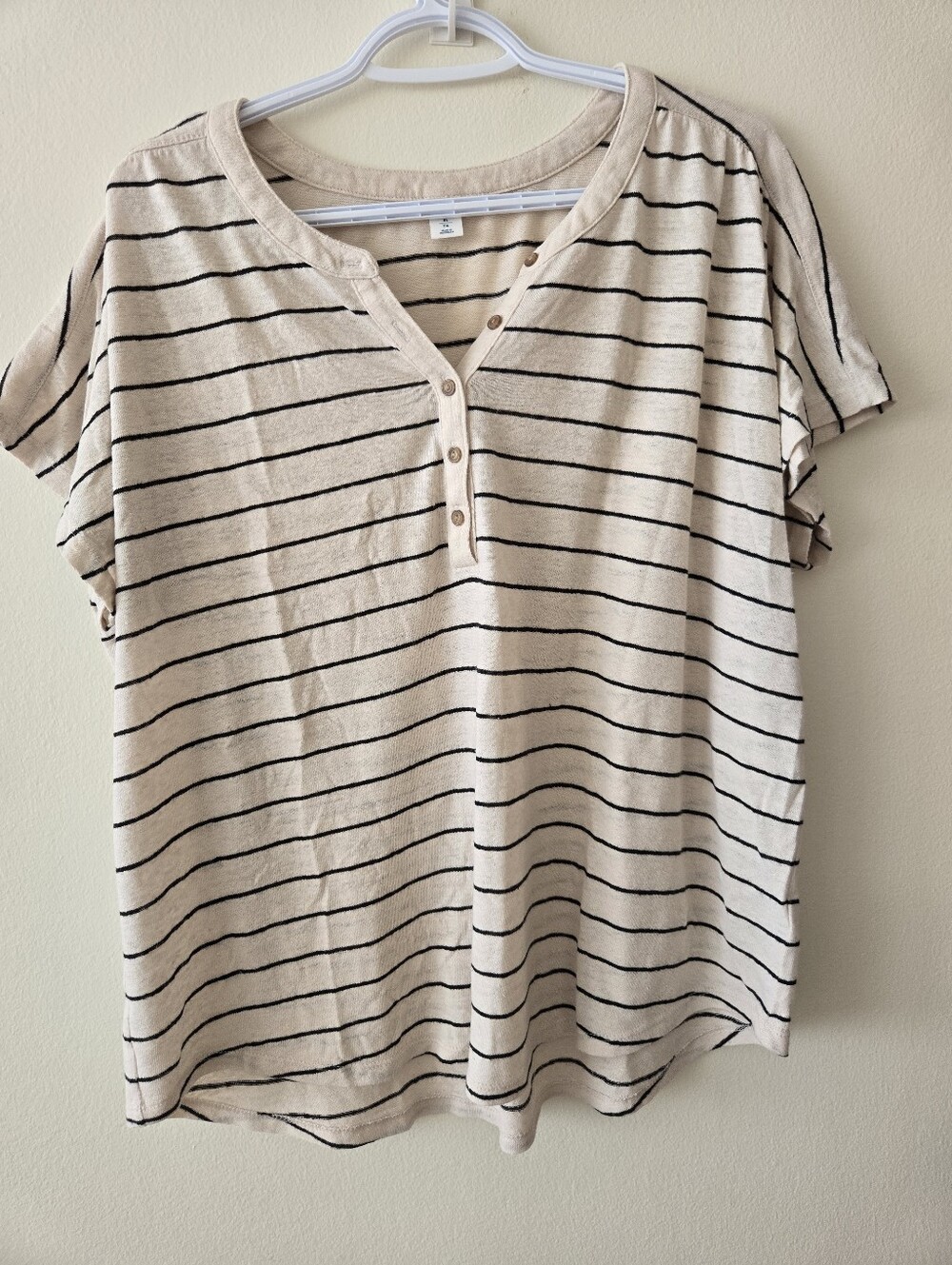 Old Navy XL Beige & Black Linen Blend Striped Henley Top